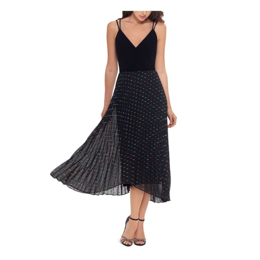 XSCAPE Womens Black Chiffon Spaghetti Strap V Neck Midi Evening Hi-Lo Dress 8 - Picture 3 of 4